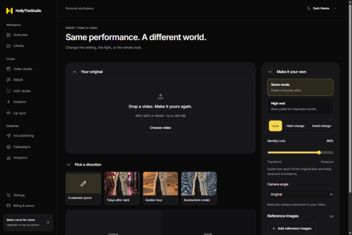 ReEdit with source upload, creative directions and identity controls