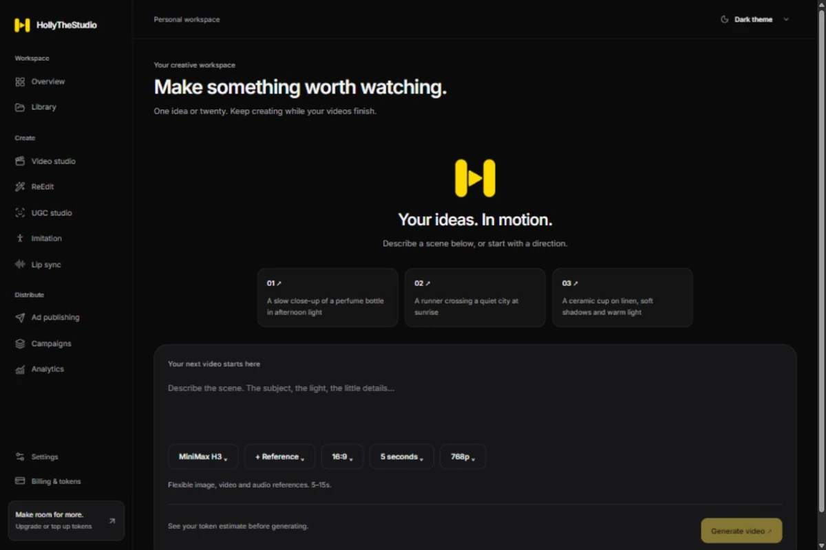 HollyTheStudio video workspace with its prompt composer
